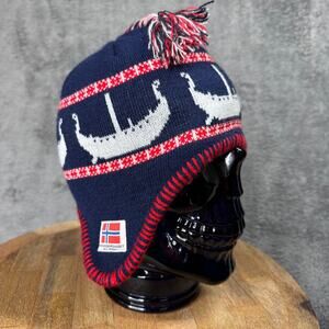 Way Norris Winter Hat Beanie Cap Ear Flaps Adult S/M Boat Viking Ship Print
